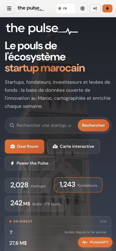 Aperçu mobile du site The Pulse : startups, fondateurs et levées de fonds au Maroc